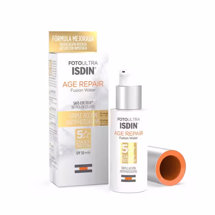 ضد آفتاب مایع ضد پیری کلاژن ساز ایزدین isdin fotoultra age repair fusion water texture spf50 50ml