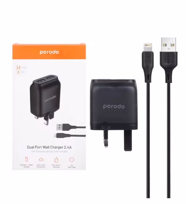 شارژر دیواری پرودو 12 وات دو پورت مدل PD-0203LU2-BK به همراه کابل شارژ لایتنینگ