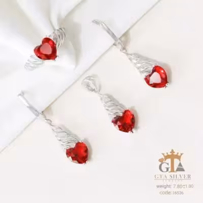 نیم ست ظریف نقره با سنگ یاقوت قرمز قلبی کد 16536