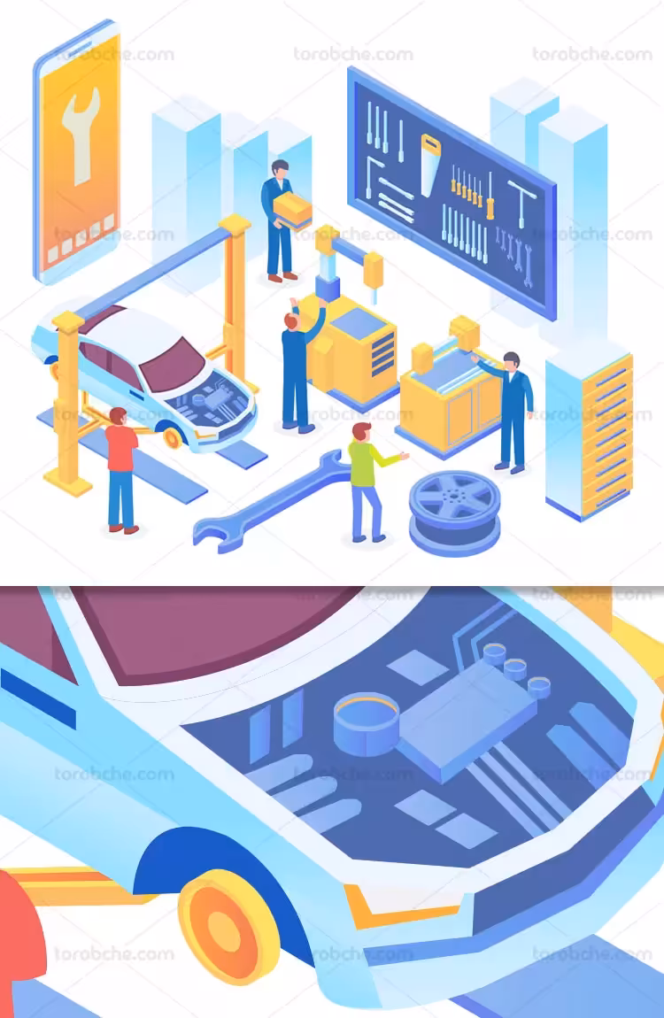 وکتور ایزومتریک تعمیرگاه اتومبیل | گرافیک با طعم تربچه