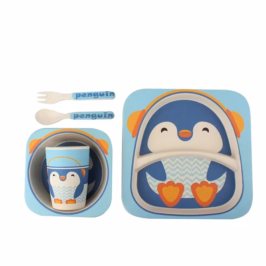 ظرف غذای کودک بامبو فایبر سرویس غذاخوری-ظرف کودک ست 5 تکه طرح  پنگوئن کد30101070