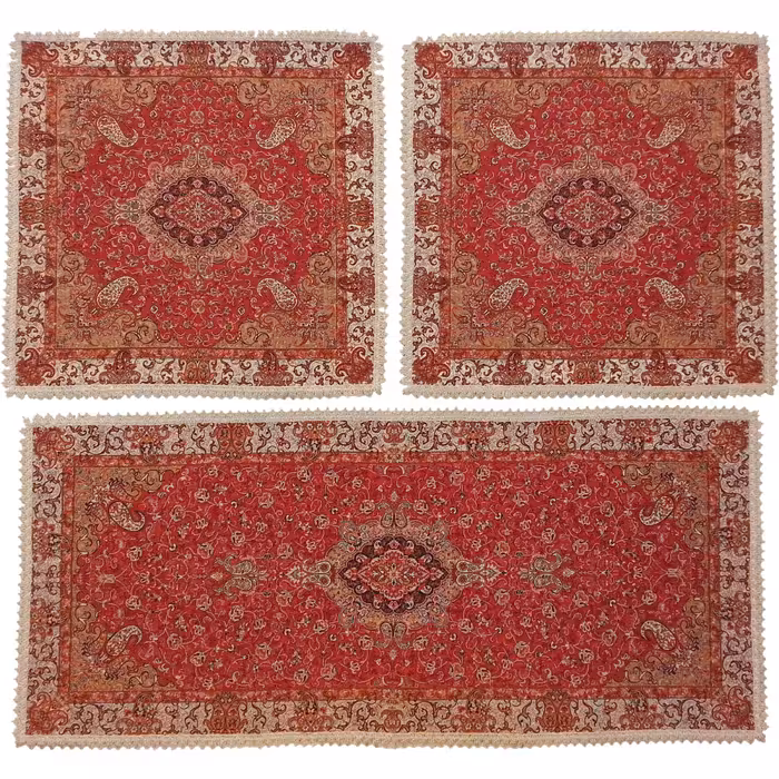 رومیزی سرویس ترمه ابریشم  کد TRSETE4  نفیس  رنگ قرمز  آستر زرشکی