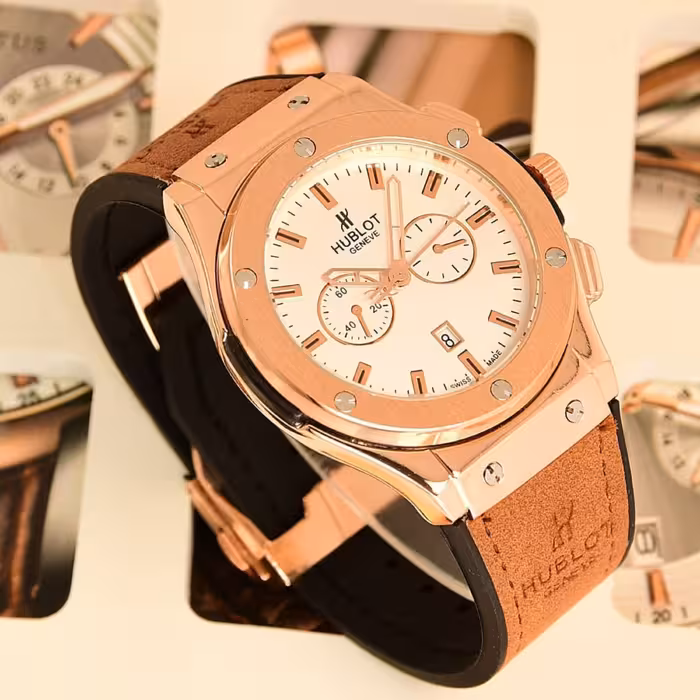 ست ساعت هابلوت HUBLOT تقویم دار(رنگ قهوه ای صفحه سفید ) کد 10295 به همراه جعبه شکیل