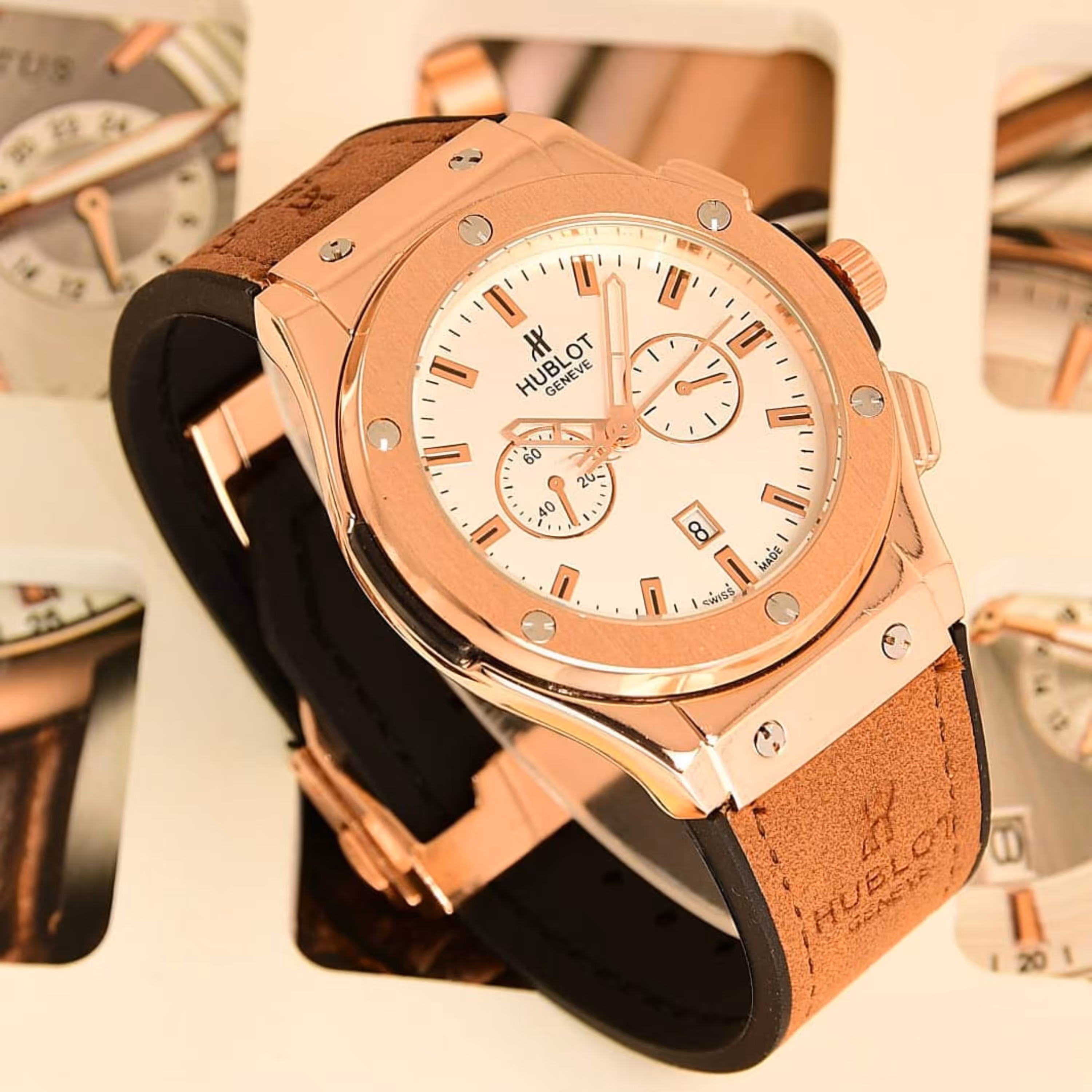 ست ساعت هابلوت HUBLOT تقویم دار(رنگ قهوه ای صفحه سفید ) کد 10295 به همراه جعبه شکیل