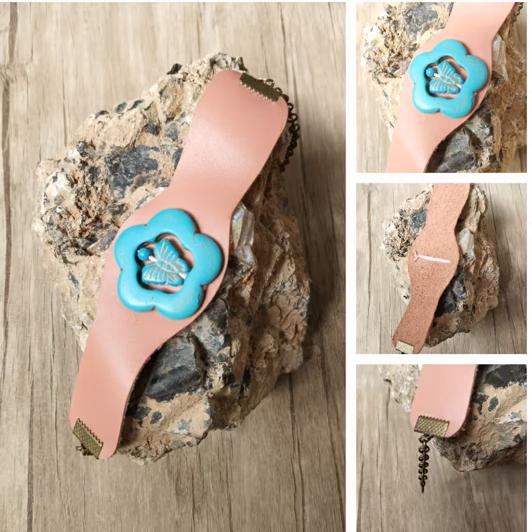 دستبند چرم اصل  دستساز با سنگ فیروزه هندی  درشت دوخته شده با نخ ابریشم با گیره و  زنجیر برنزی و قفل طوطی قابل تنظیم 