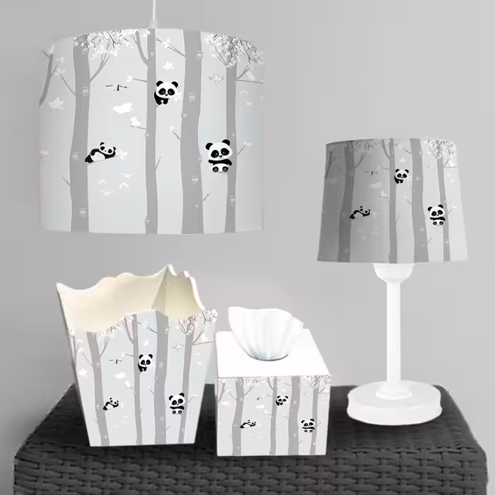 جعبه دستمال و سطل زباله و ساعت طرح پانداهای روی درخت با زمینه طوسی روشن ba-5772