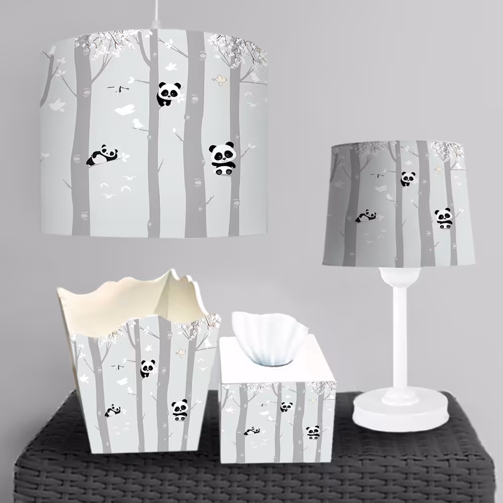 جعبه دستمال و سطل زباله و ساعت طرح پانداهای روی درخت با زمینه طوسی روشن ba-5772