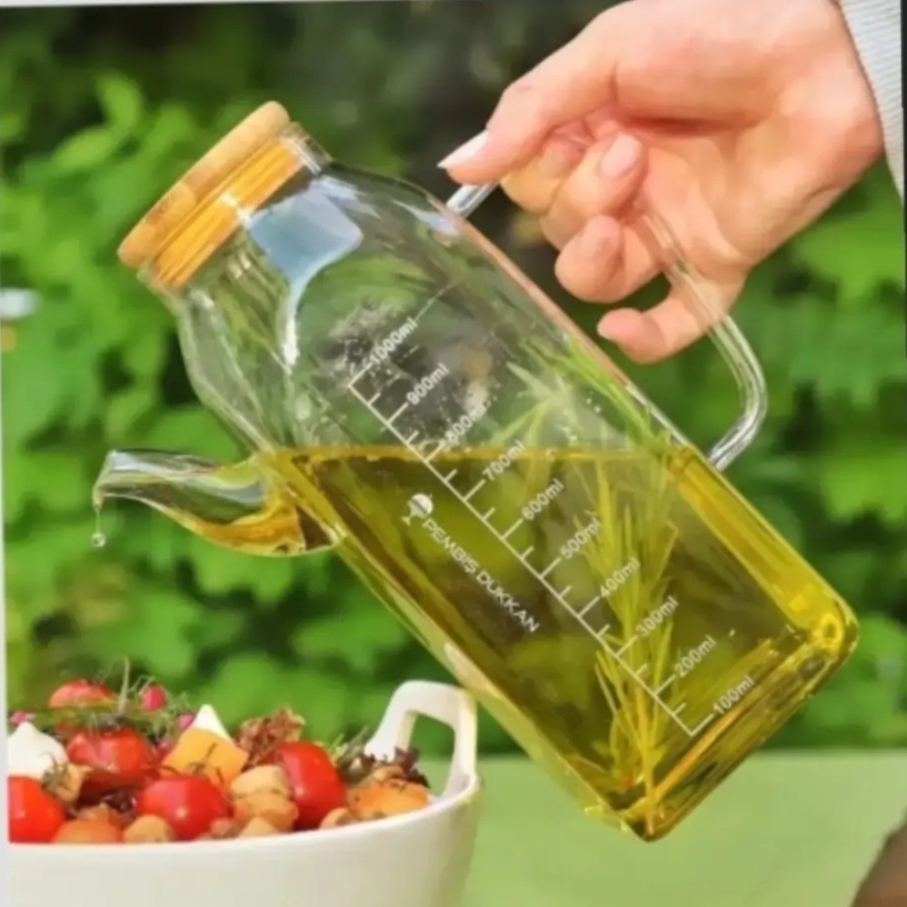 جاروغنی پیرکس مدرج یک لیتری چهارگوش درب بامبو با کیفیت عالی (روغن ریز 4 گوش)