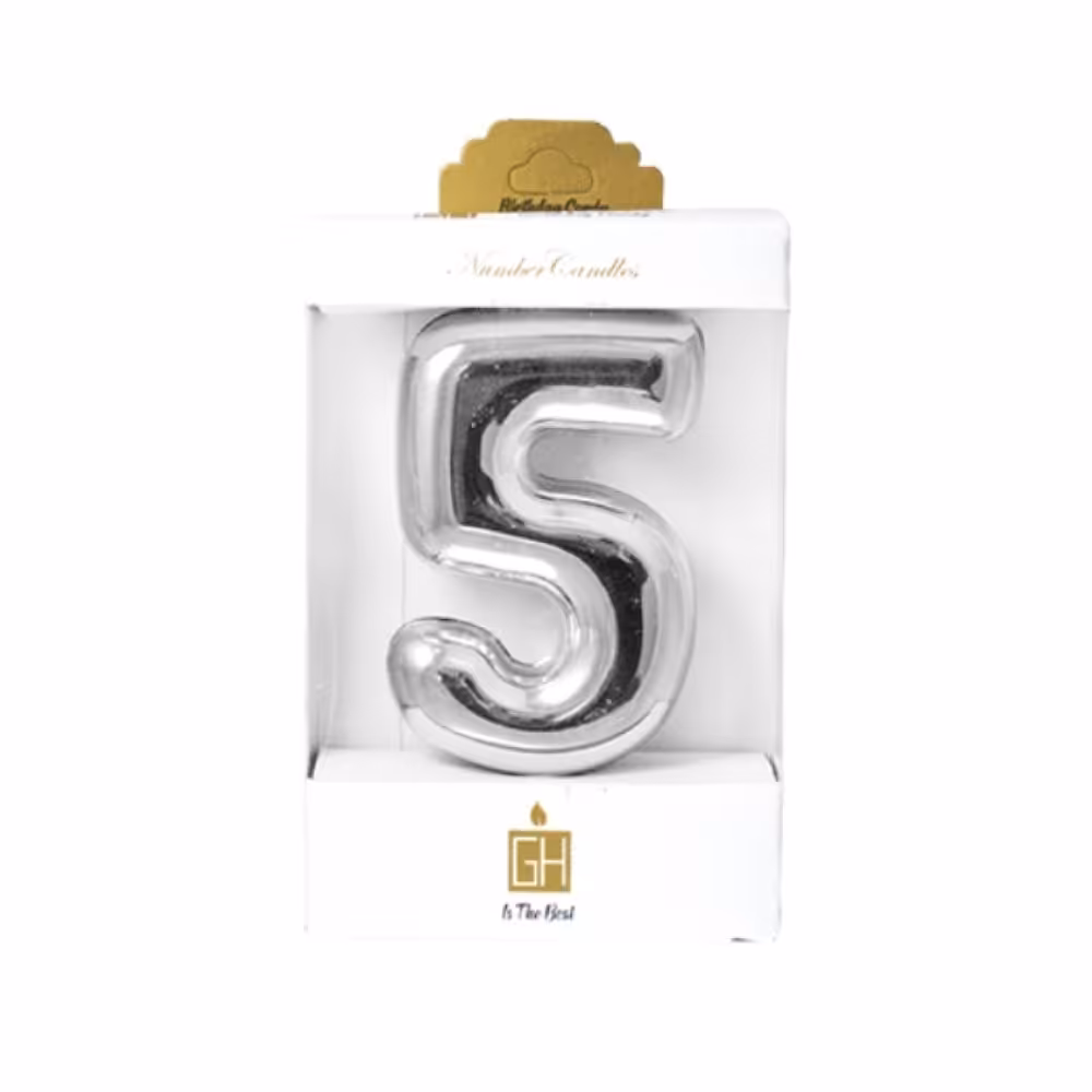 شمع کروم نقره ای عدد پنج (5)( شمع کروم.شمع عدد پنج.شمع 5 .شمع رو کیکی.شمع تولد.شمع ساده