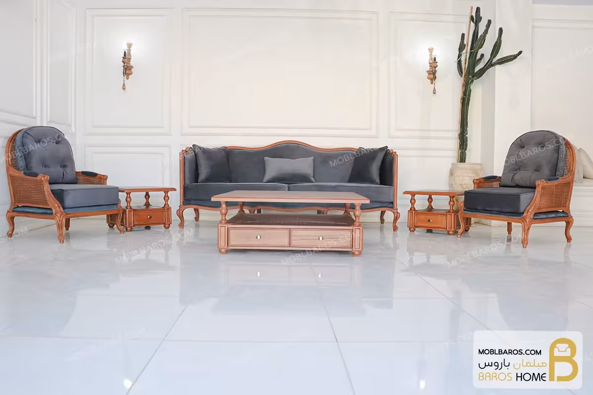 مبل 8 نفره کلاسیک گندم و مبل تک روما کد 2