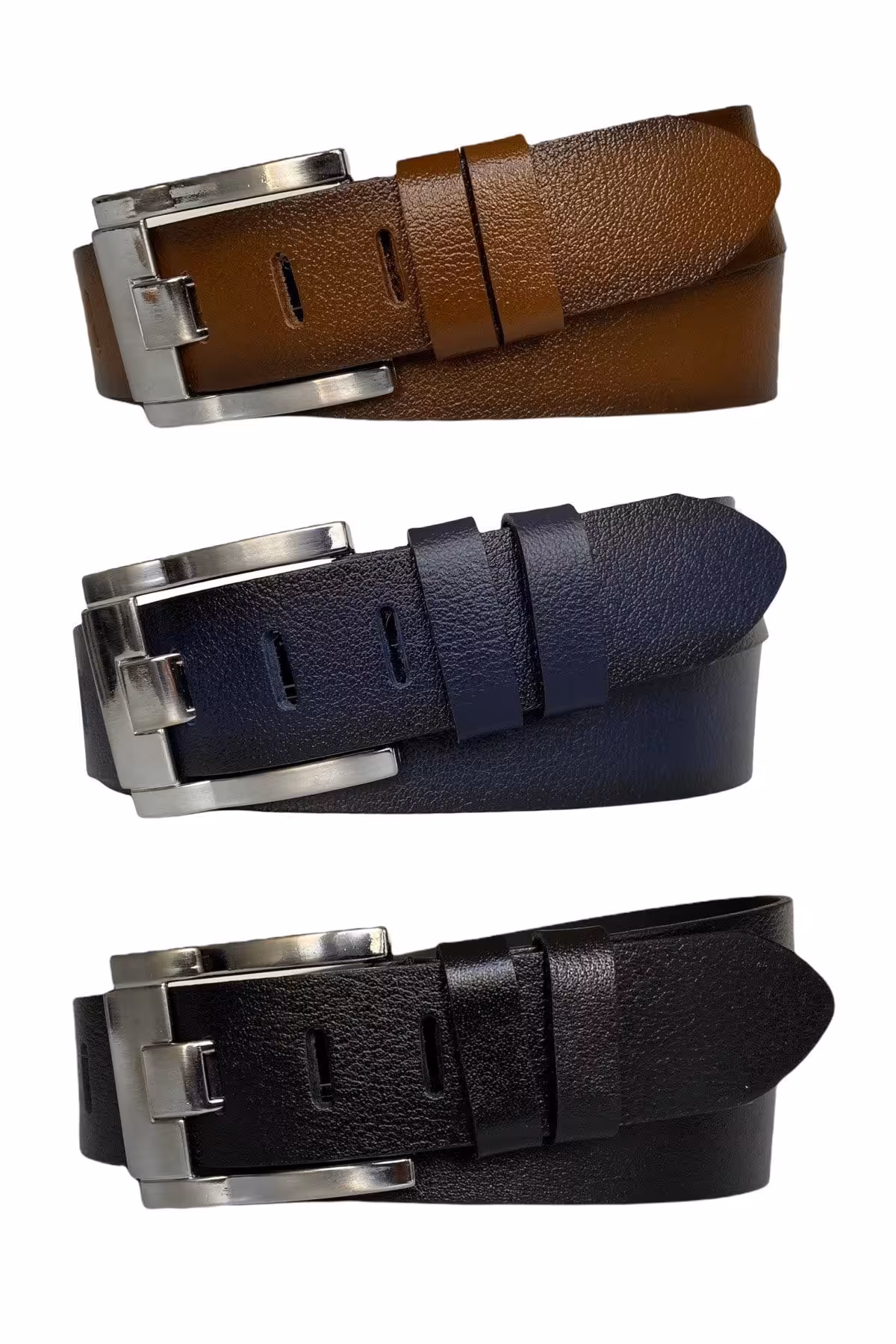 کمربند مشکی مردانه و زنانه ست 100% چرم اصل 3 زبانه پهن آبی سرمه ای جین توسادو 4.5 سانتی متری ورزشی GoDeri