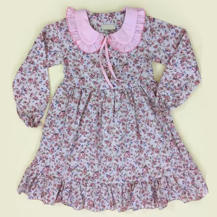 پیراهن دخترانه آستین بلند نخی طرح شکوفه چین چینی در 3 سایز

