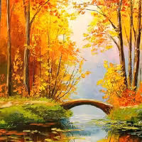 تابلو نقاشی رنگ و روغن  پاییز  رودخانه و پل روی بوم 