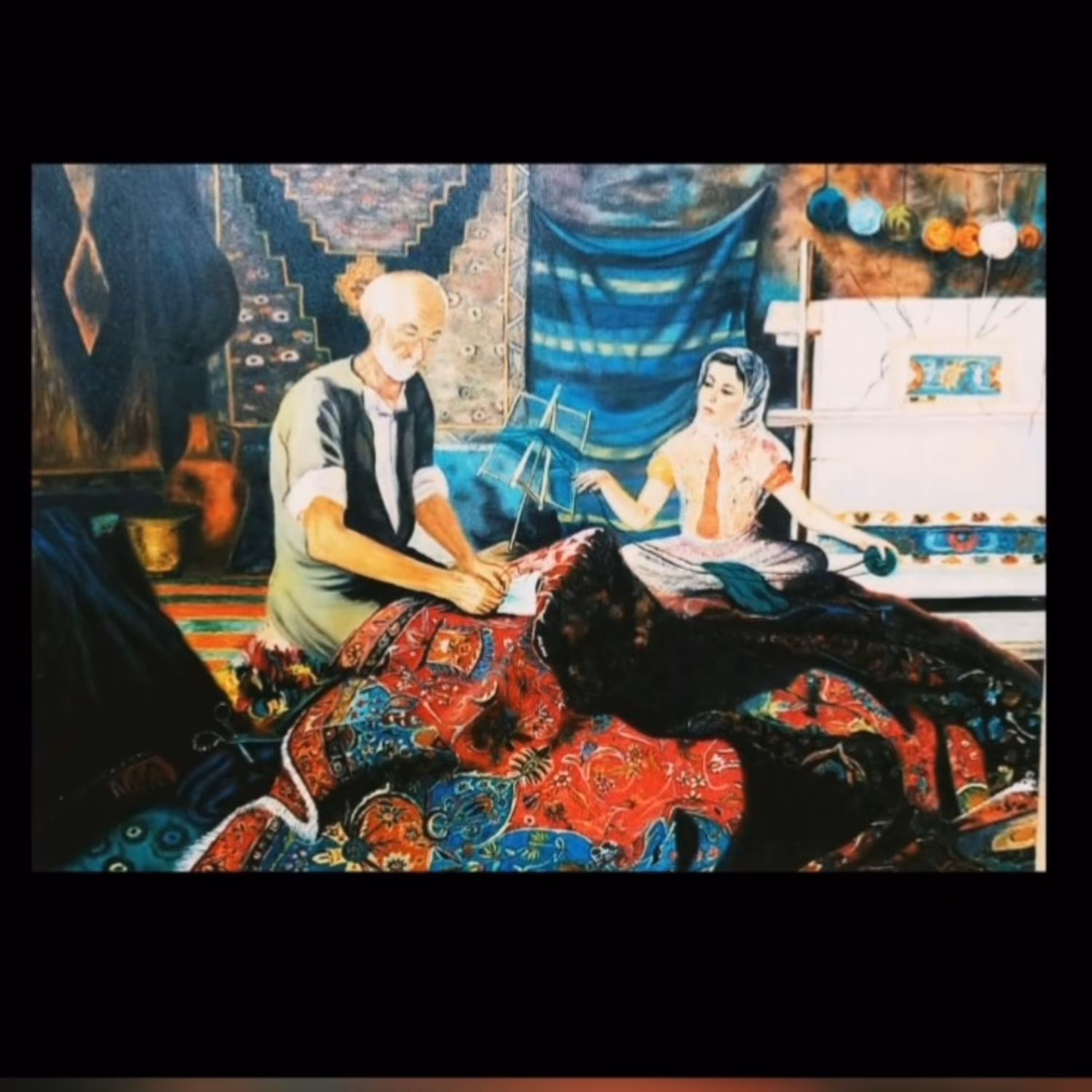 تابلوی نقاشی رنگ روغن کارگاه قالی بافی