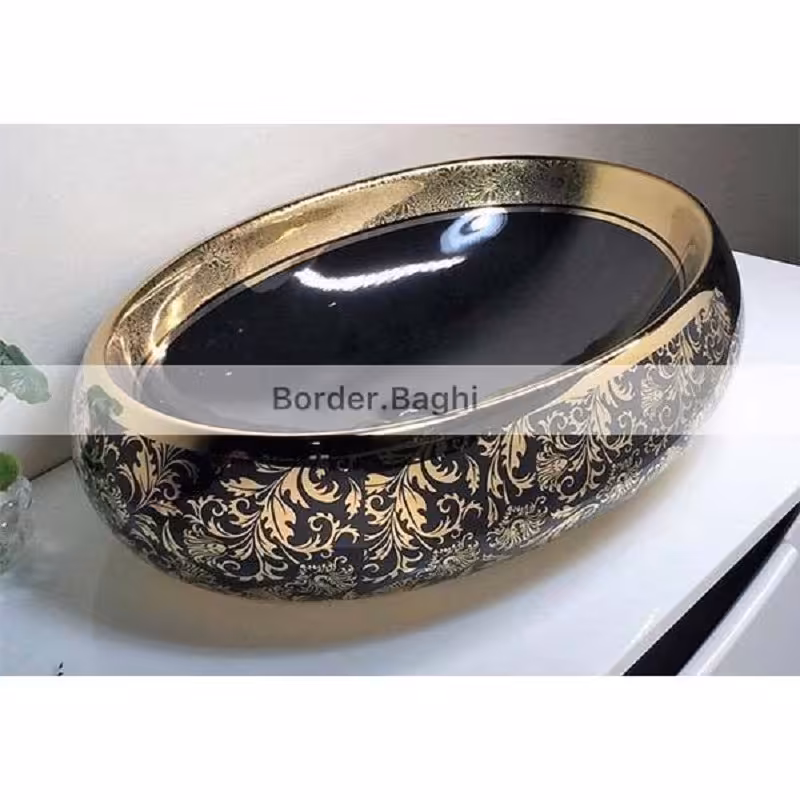 کاسه روشویی مدل بیضی مشکی طلایی گل دار