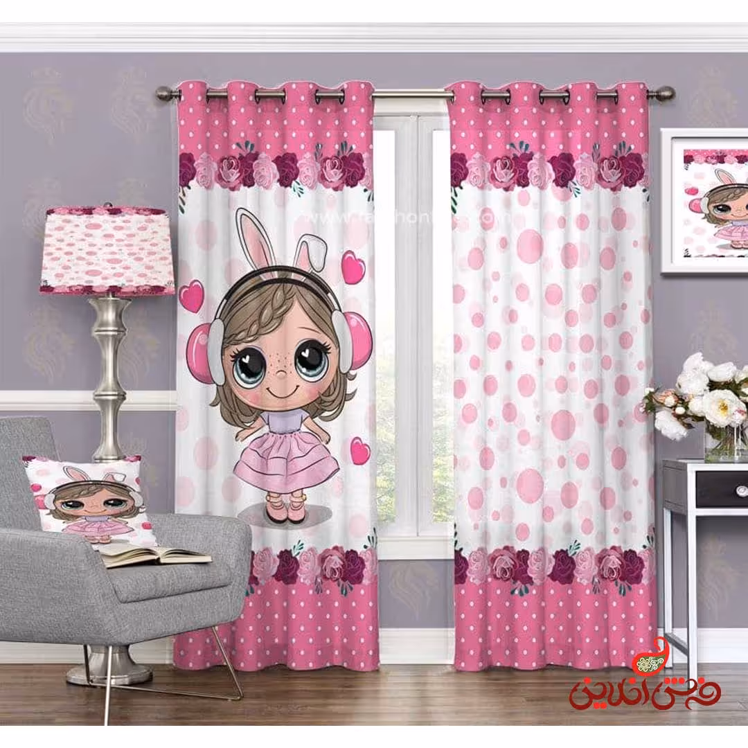 پرده 2عددی کودک طرح دختر خرگوشی صورتی کد 3122