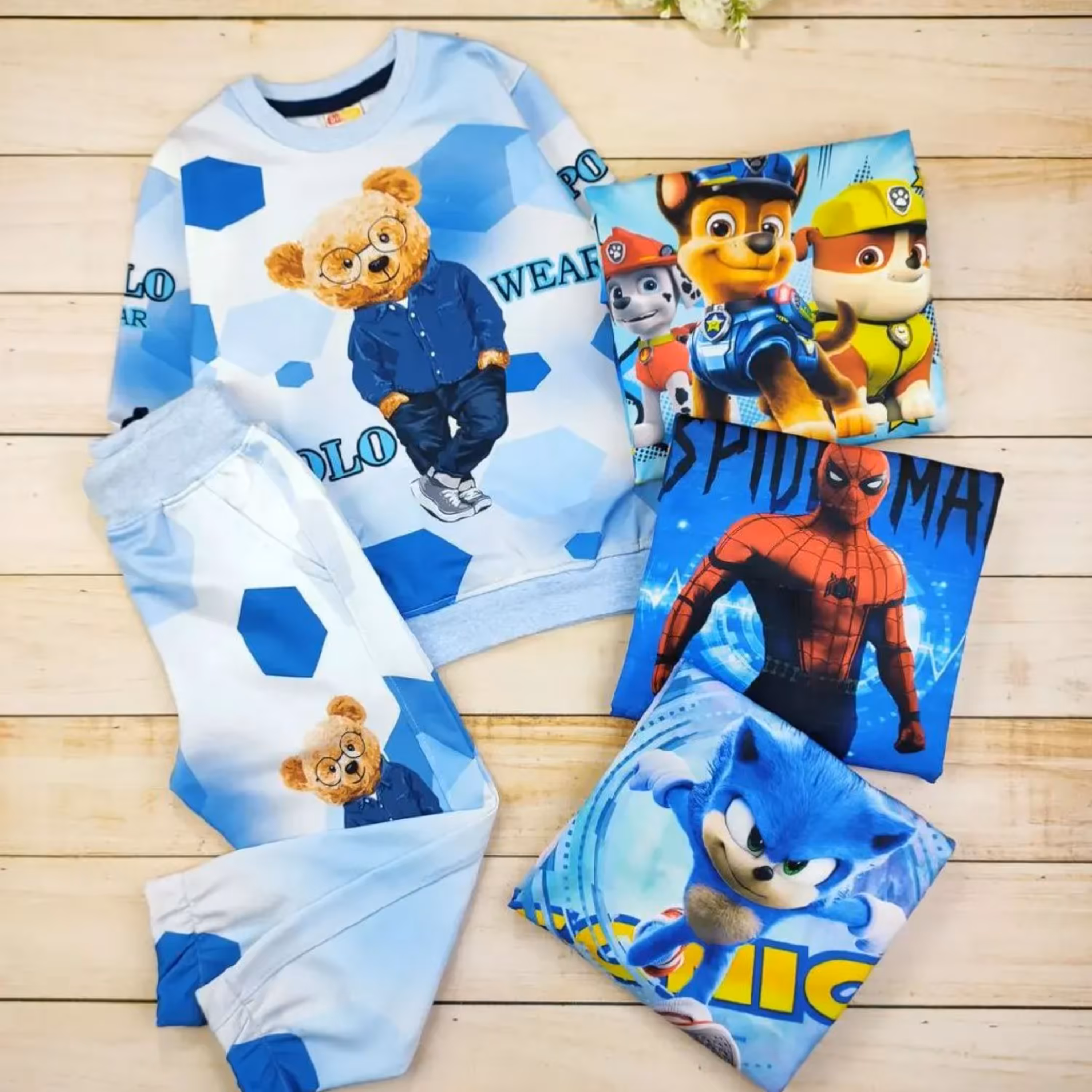 بلوز شلوار  پسرانه کارتونی پارچه فلامنت 45-50-55