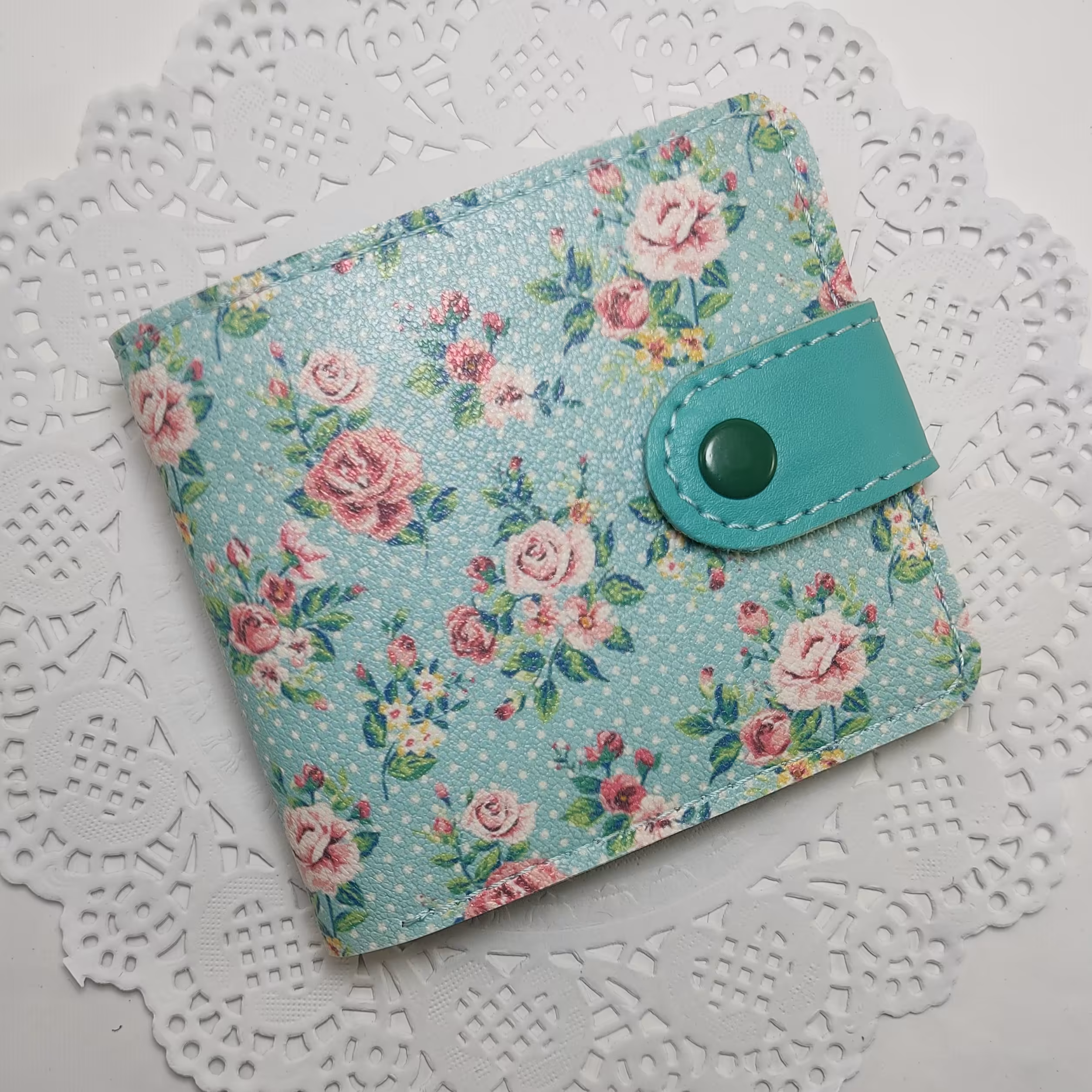 کیف پول جیبی چرمی گل گلی سبزآبی با چرم مصنوعی