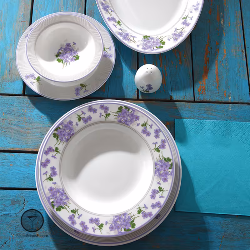 سرویس غذاخوری 28 پارچه مدل یاس بنفش 6 نفره سری ایتالیا اف چینی زرین درجه عالی