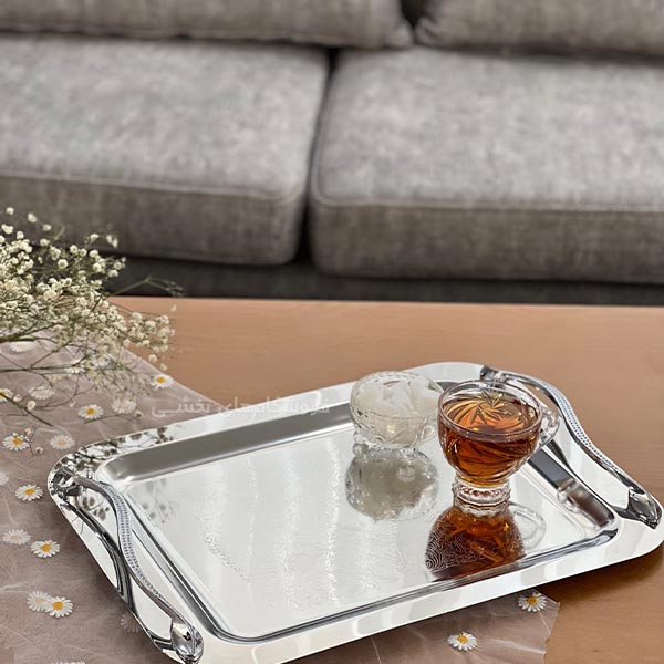 سینی استیل بزرگ مستطیل مدل دسته هلالی کروم