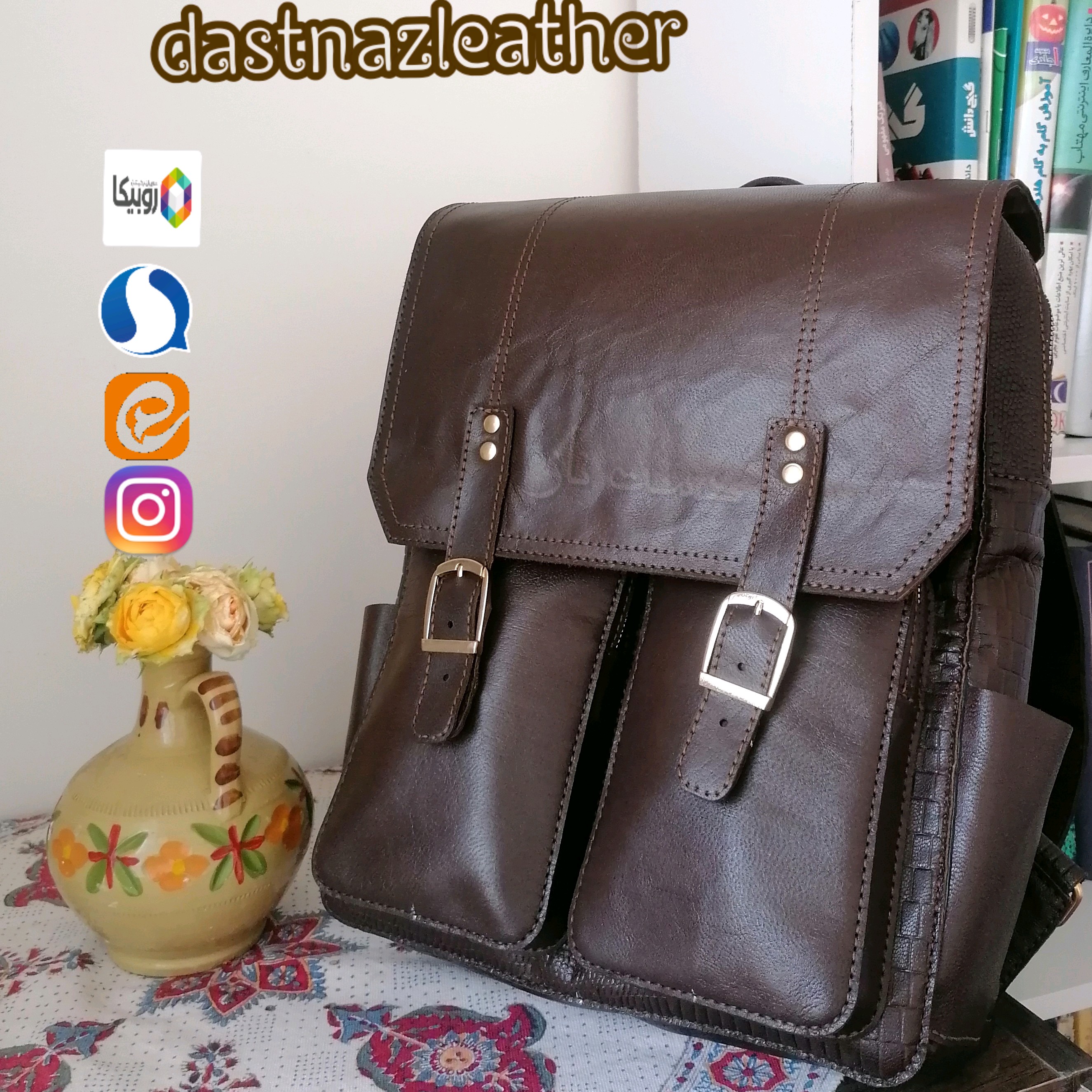 کوله لپ تاپ چرم با دو جای مجزا 3 جیب جلو و زیپ پشت عمودی
