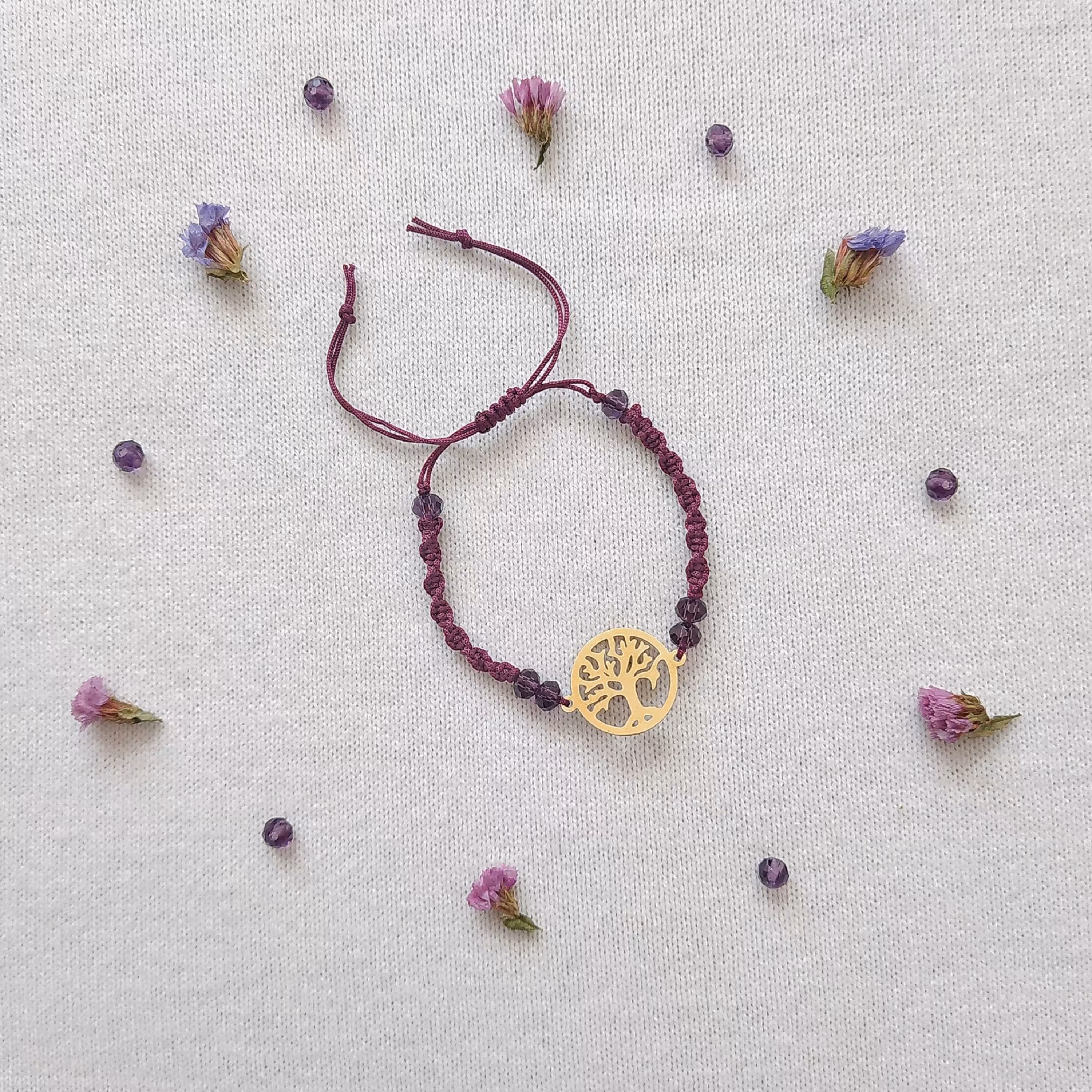 دستبند بند بنفش با مهره کریستالی و خرجکار درخت زندگی 