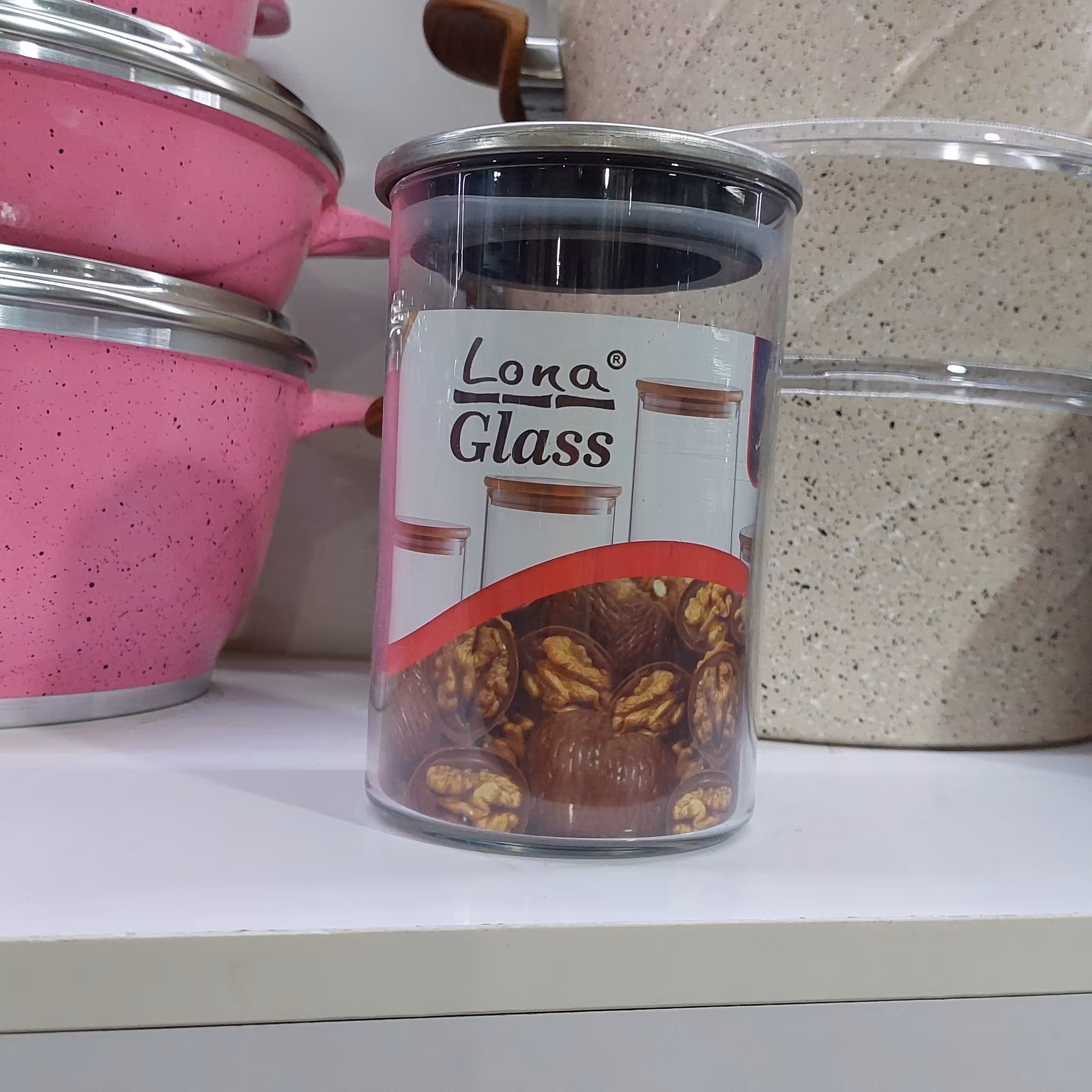 بانکه حبوبات شیشه ای درب استیل  سایز 18