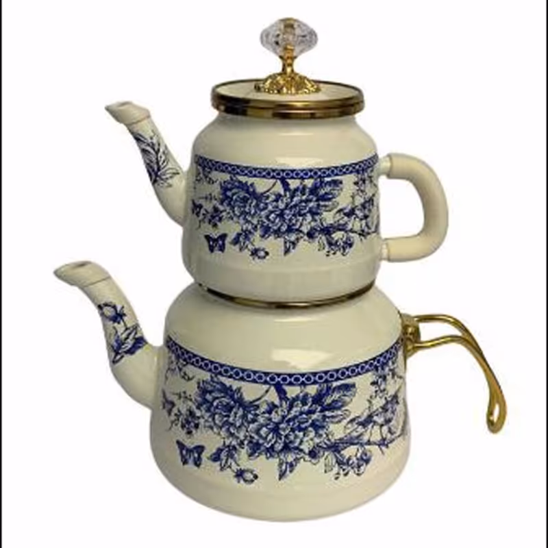 ست کتری و قوری ترک مدل سفید گل سرمه ایی