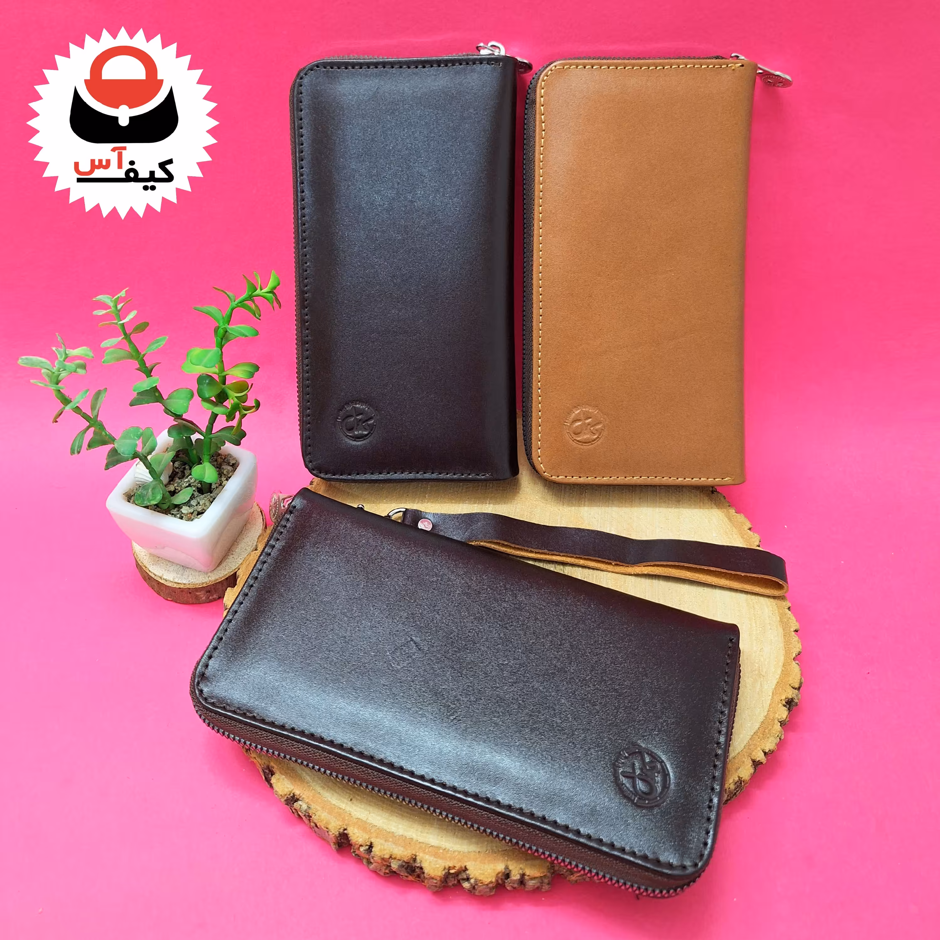 کیف پول دستی چرم طبیعی دور زیپ شیک و حرفه ای جاموبایلی دار اسپورت برای آقا و خانم با قیمت ویژه