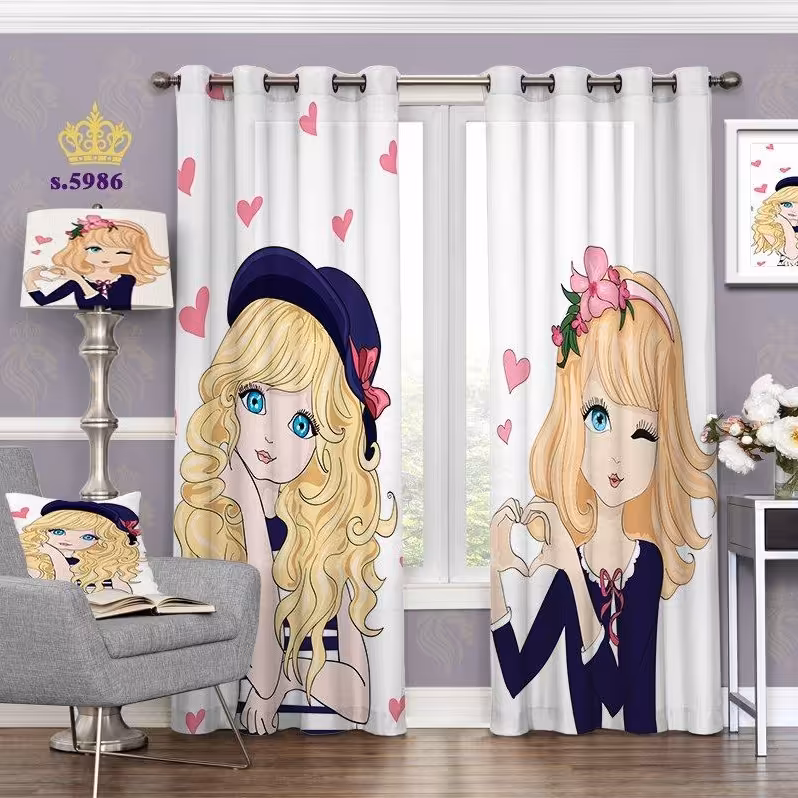 پرده اتاق خواب دخترانه دو قواره طرح کارتونی کد S5986