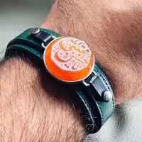دستبند چرم طبیعی عقیق اصل رکاب دستساز یا امام حسن مجتبی
