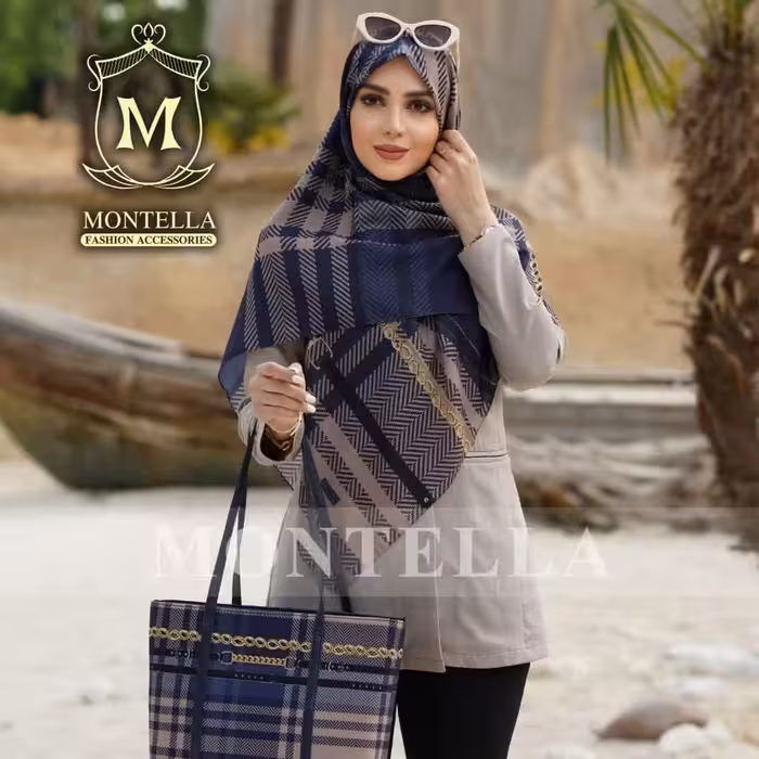 ست کیف وروسری سورمه ای کرم چهارخانه