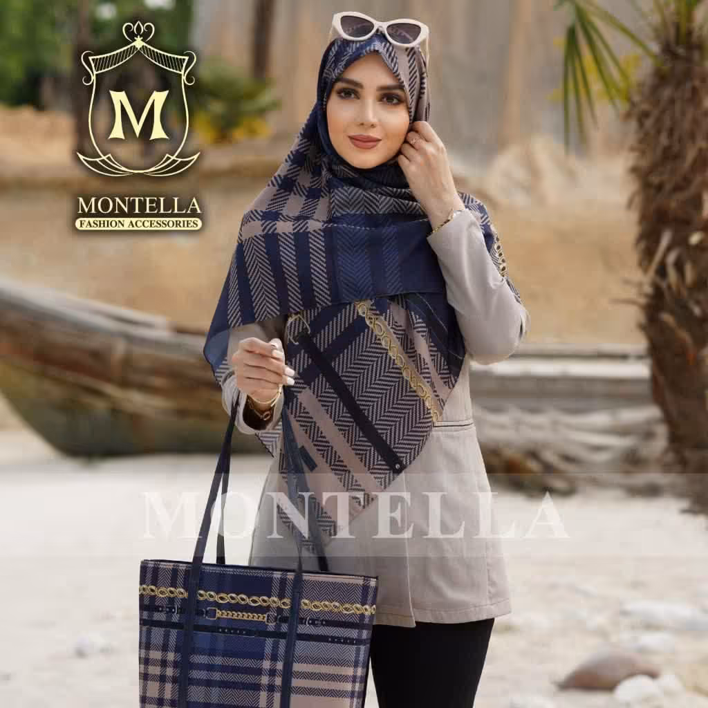 ست کیف وروسری سورمه ای کرم چهارخانه