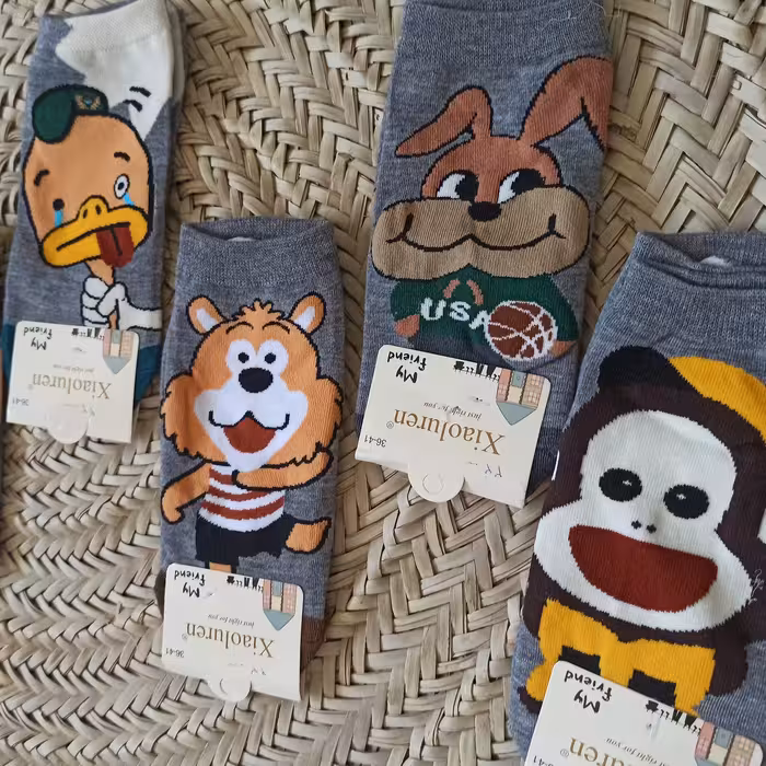 جوراب فانتزی مناسب دختر و پسر زمینه طوسی با طرح مختلف