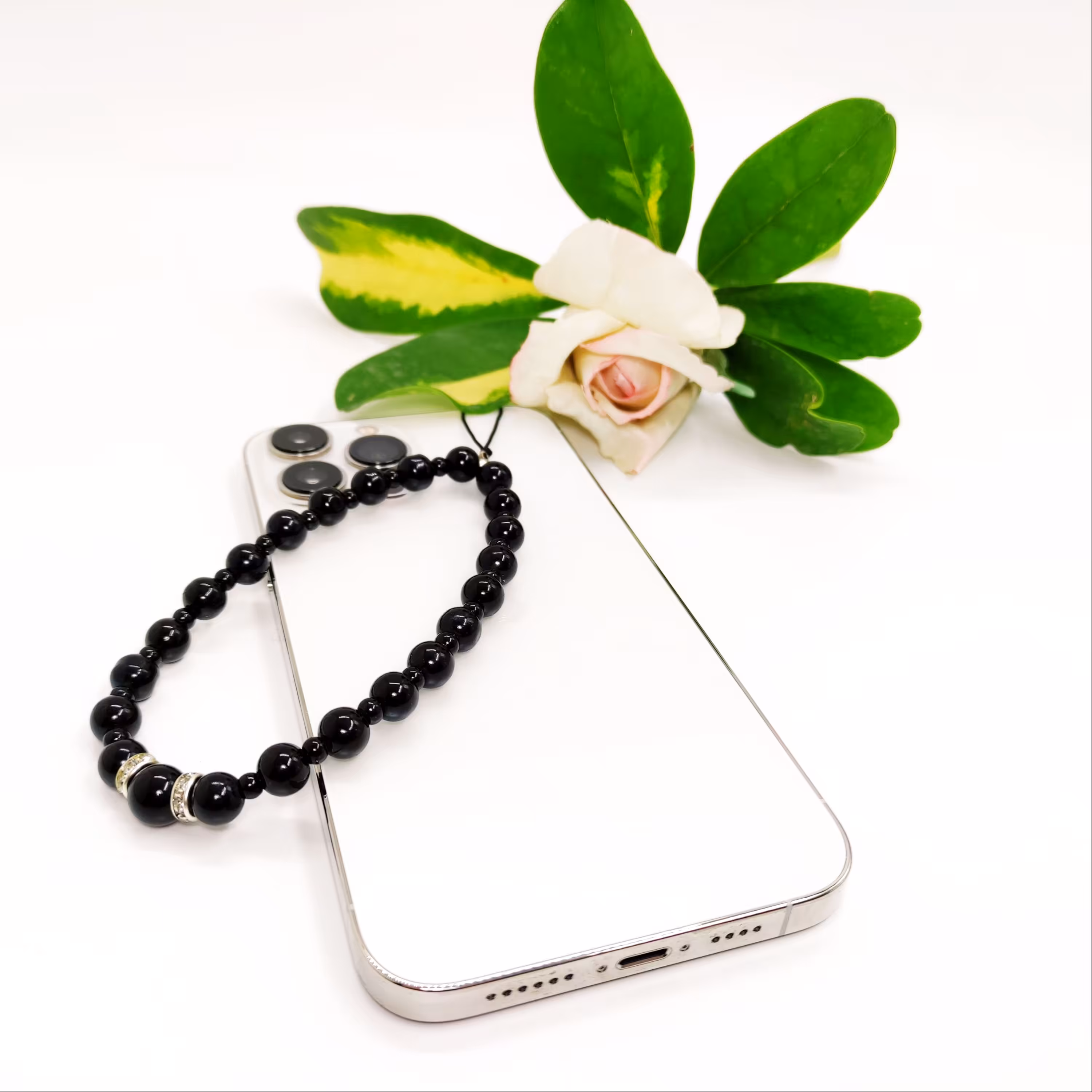 آویز موبایل مدل مروارید رینگی مشکی 