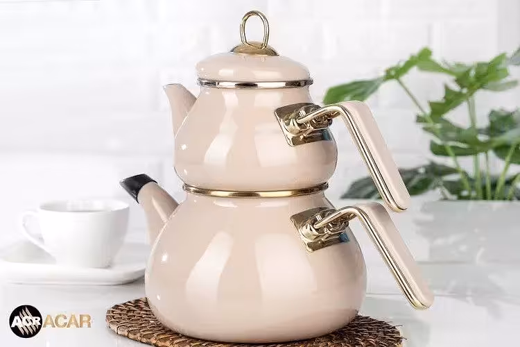 کتری قوری لعابی آجار رنگ کرمی Acar-xap