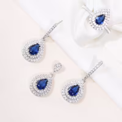 نیم ست نقره با سنگ یاقوت کبود اشکی برند GTA کد 4500