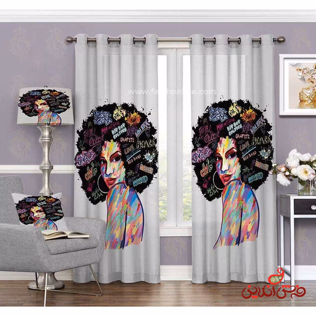 پرده طرح نقاشی دختر موفرفری کد 3576