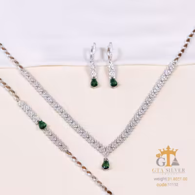 سرویس نقره جناقی با آویز نگین سبز اشک ریز کد 11152