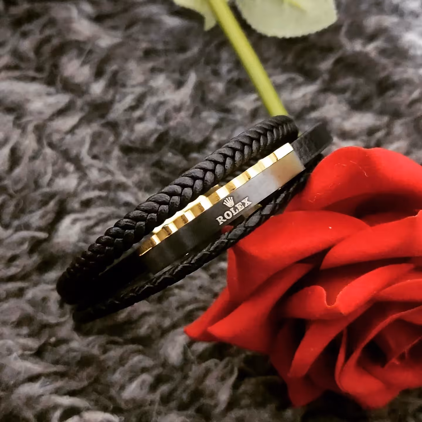 دستبند چرم رولکس طلایی