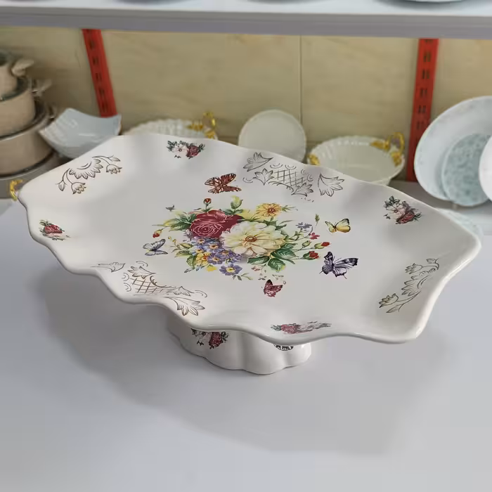 قاب شیرینی پایه دار طرح گل و پروانه سرامیکی کیفیت عالی رنگ ثابت