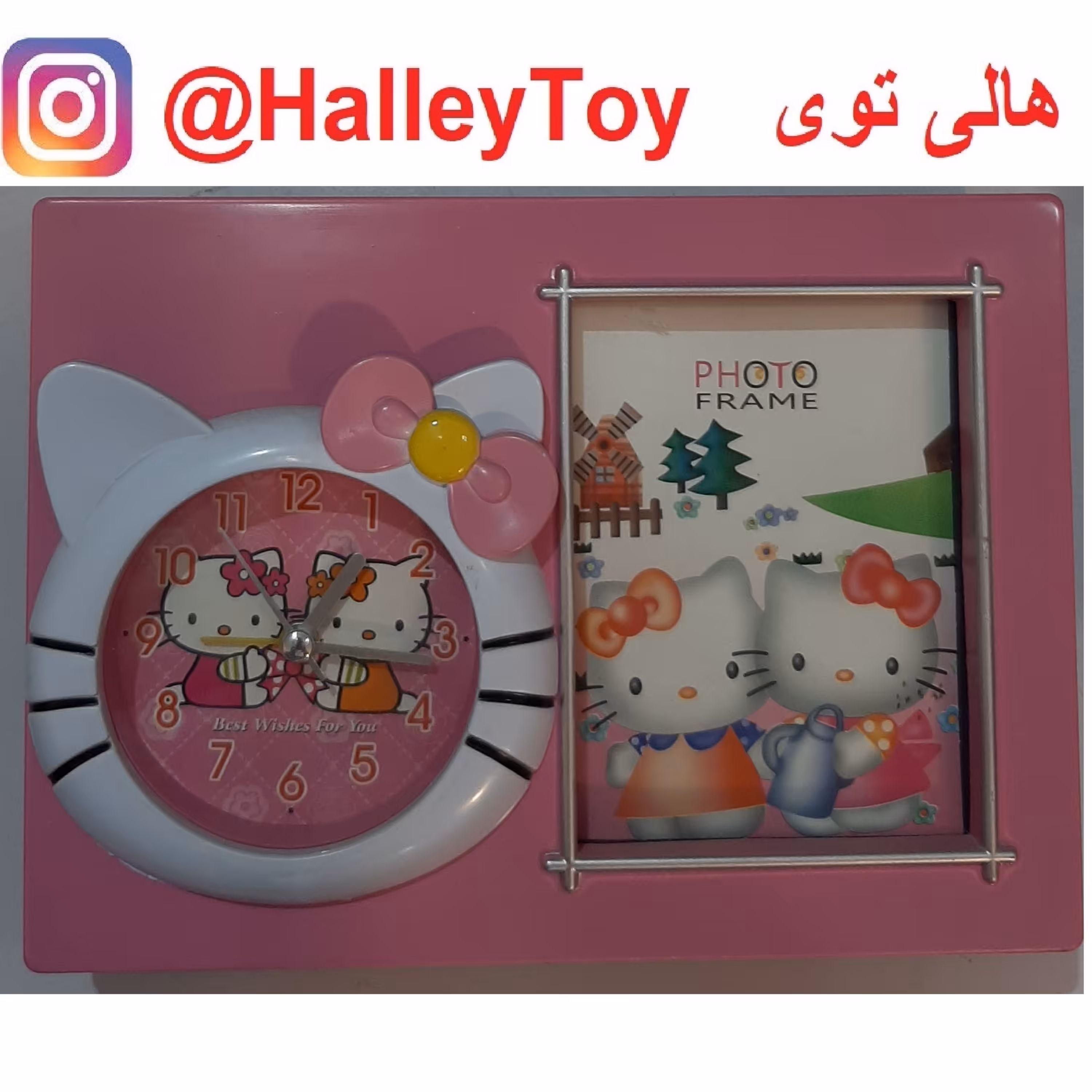 ساعت کیتی رومیزی قاب عکس داربازنگ بیدارباش وکلیدخاموش روشن  وارداتی فروشگاه هالی توی