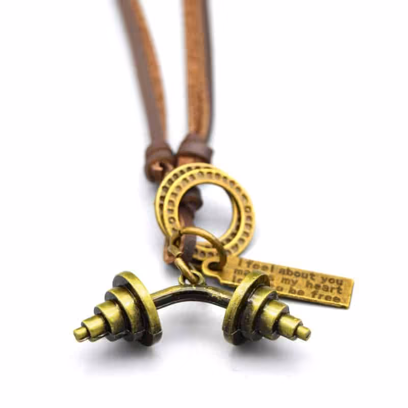 گردنبند برنجی طرح دمبل خم بند چرم مدل 22610
