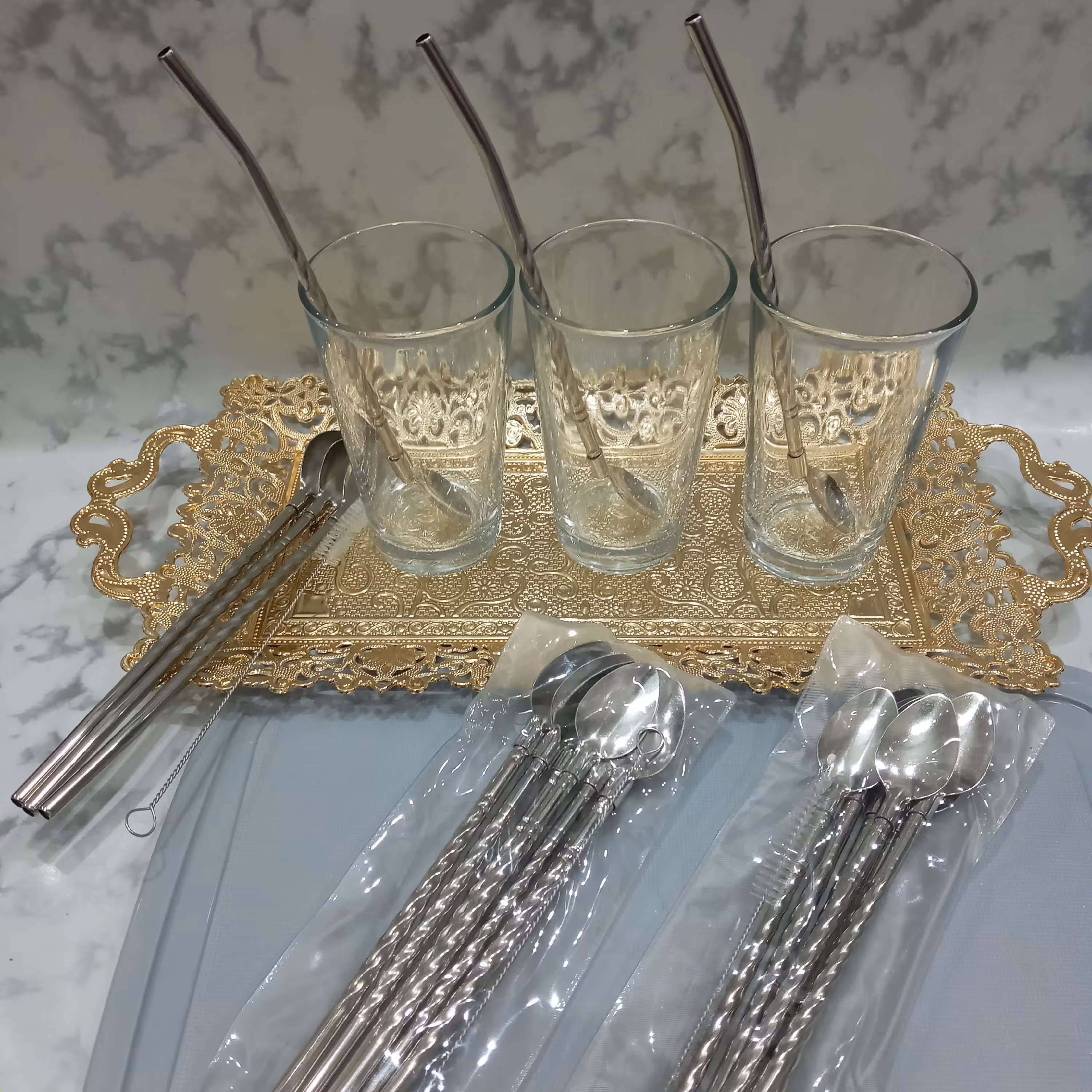 قاشق شربت خوری نی دار همراه با فرچه 6 عددی جنس استیل