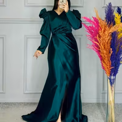 پیراهن مهمانی زنانه ساتن راشی روسی مدل ماکسی مجلسی فرشته