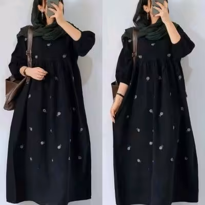 پیراهن مهمانی زنانه کرپ مدل کفتان داکرون نخ گلدوزی شده شبنم