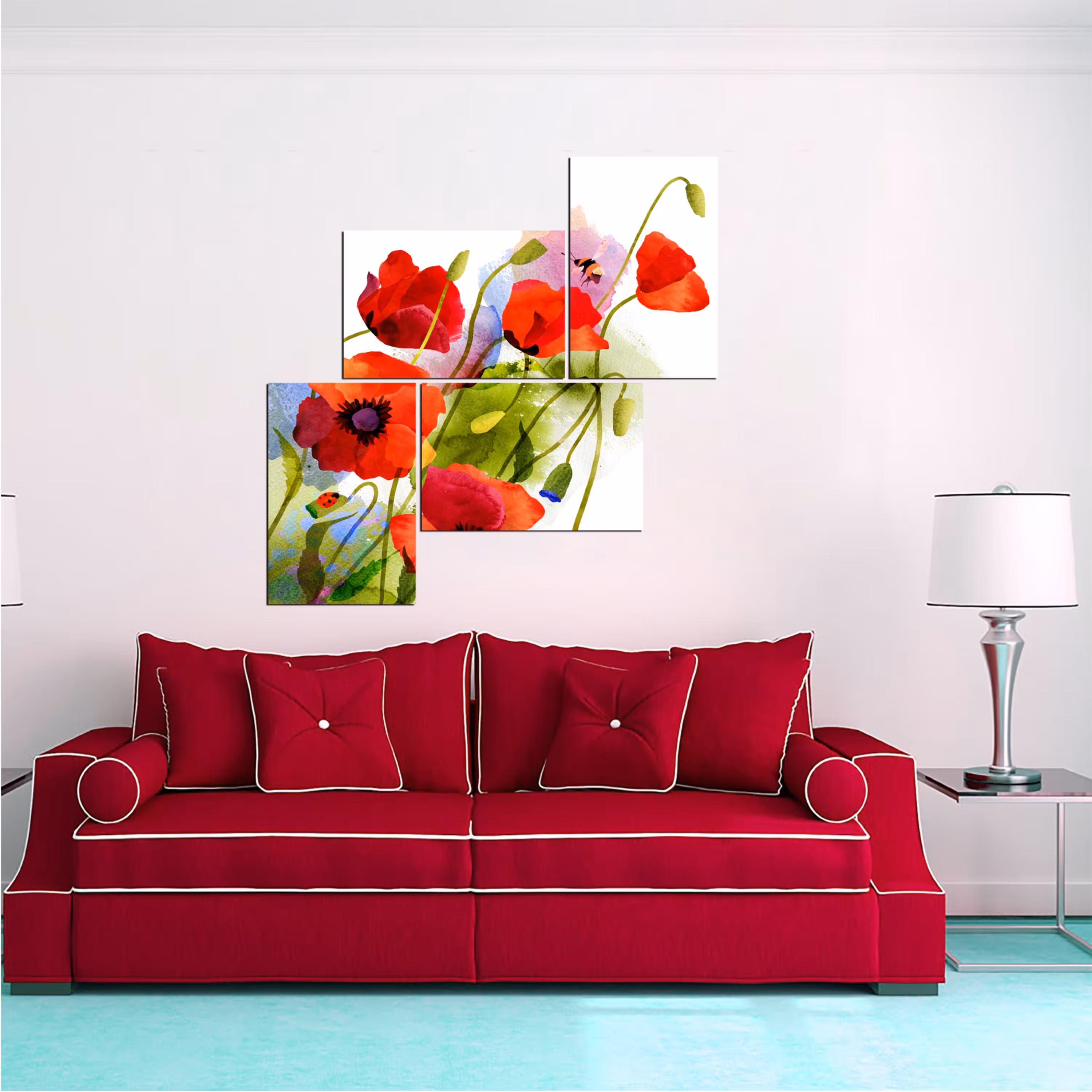 تابلو شاسی 4 تکه طرح نقاشی گلهای قرمز کد 191 سایز 90x90 سانتیمتر