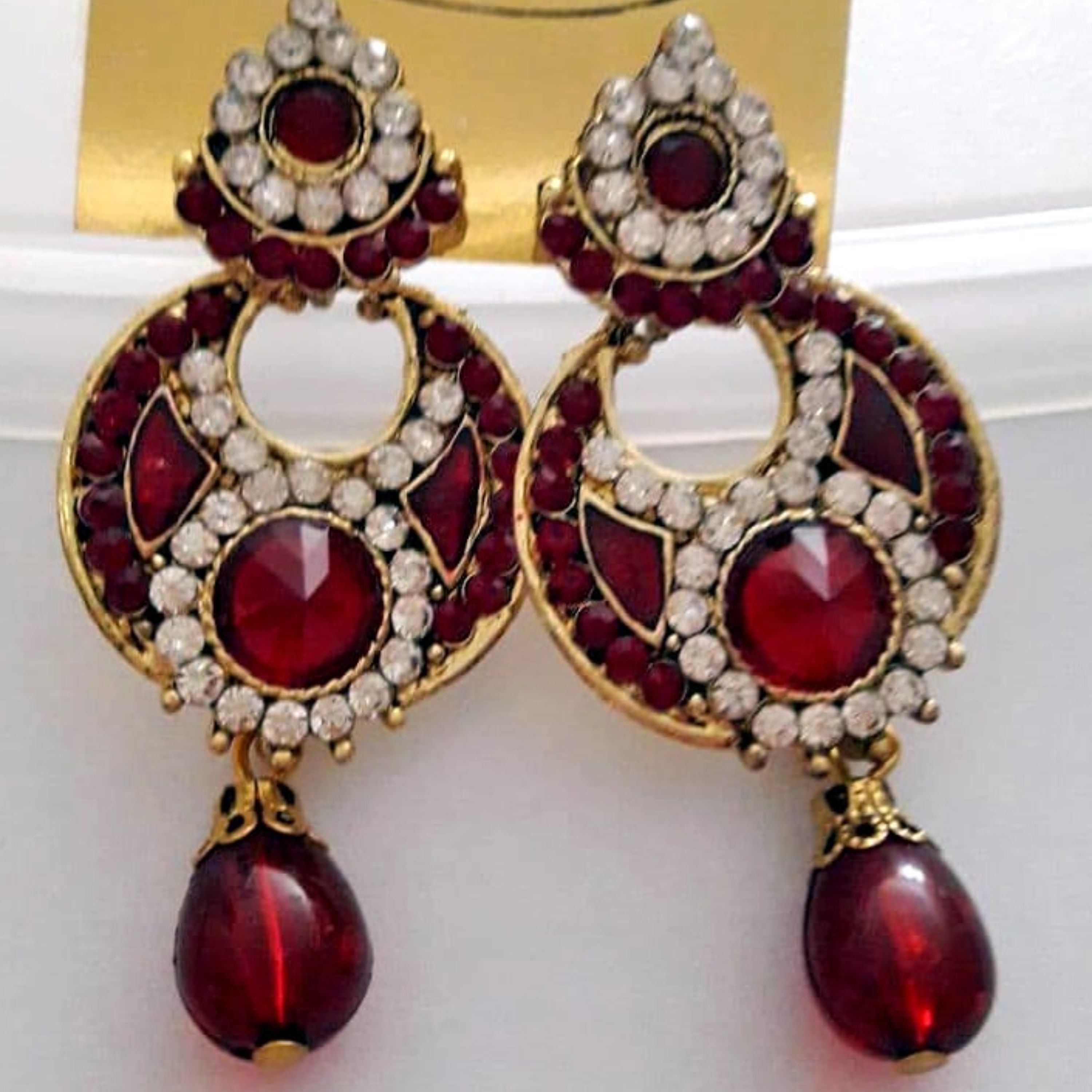 یک جفت گوشواره هندی نگین دار - زرشکی - طرح 5