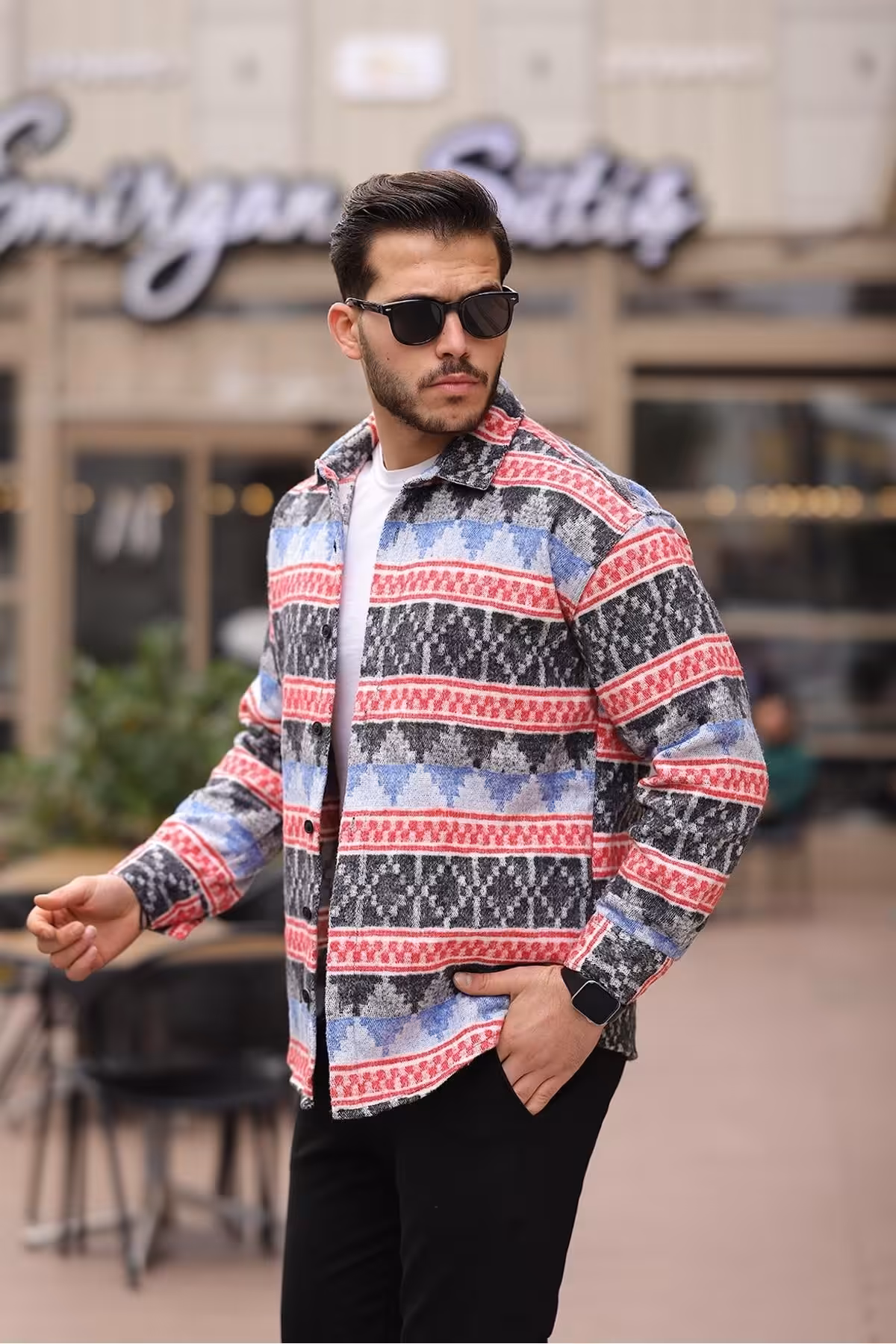 پیراهن / بلوز دکمه دار قرمز مردانه الگوی قومی چوبی پرنعمت آبی Valiberta