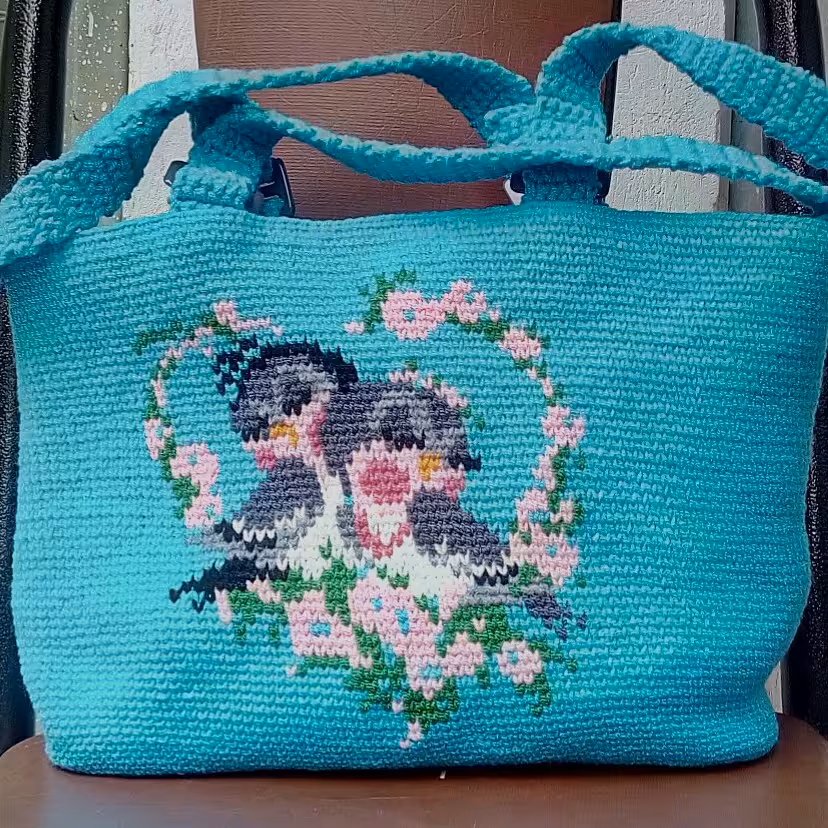 کیف  کاموایی آبی روشن با گنجشک سایز 24 در 34